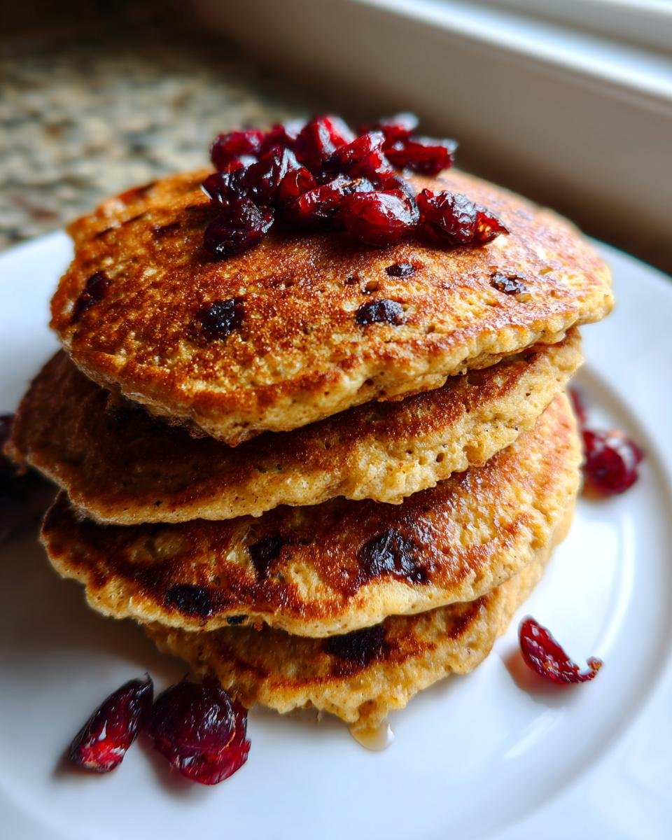 A stack of four fluffy vegan quinoa pancakes cranberry topped with dried cranberries on a white plate.