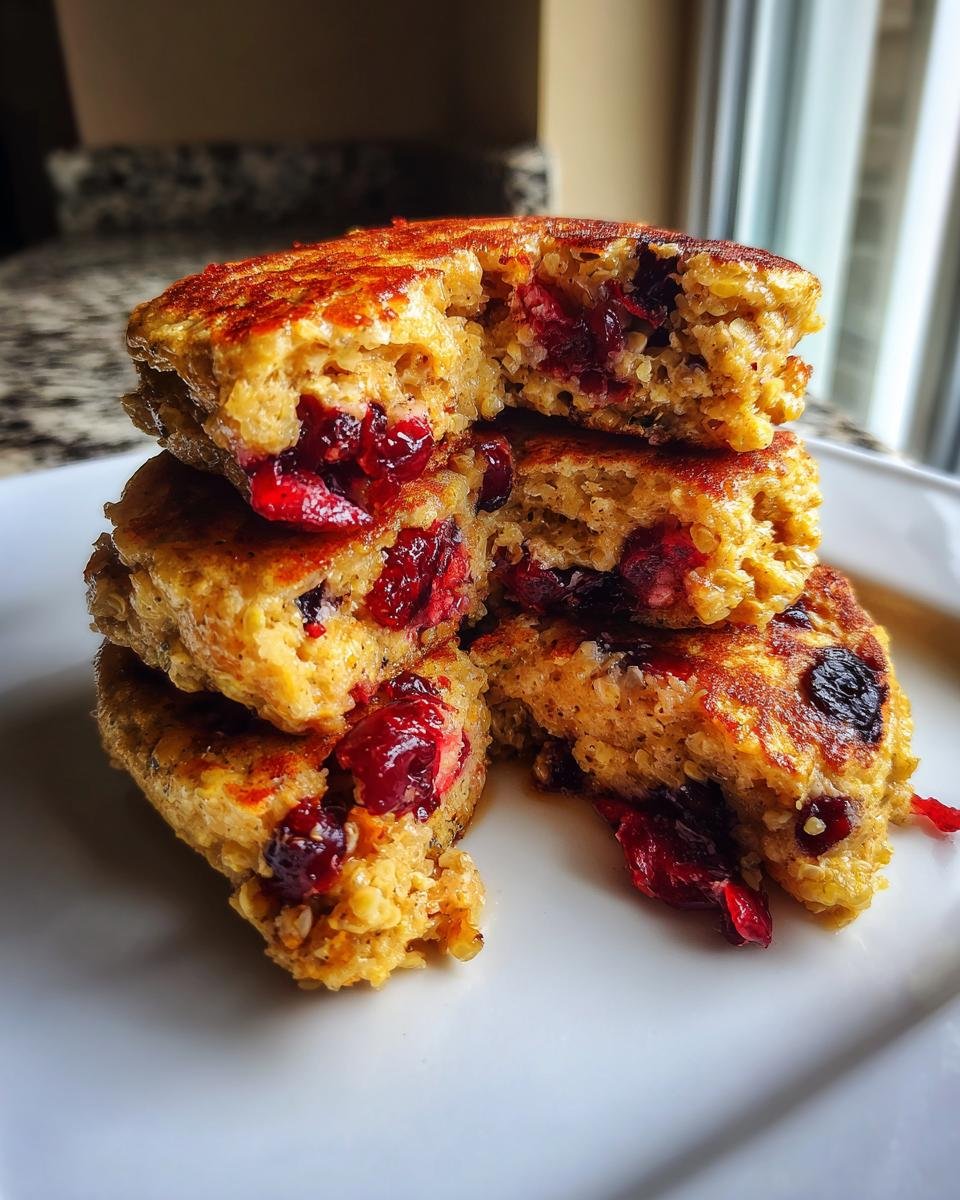 Close-up of Fluffy Vegan Quinoa Pancakes Cranberry stacked and broken open, showing quinoa texture and whole cranberries.