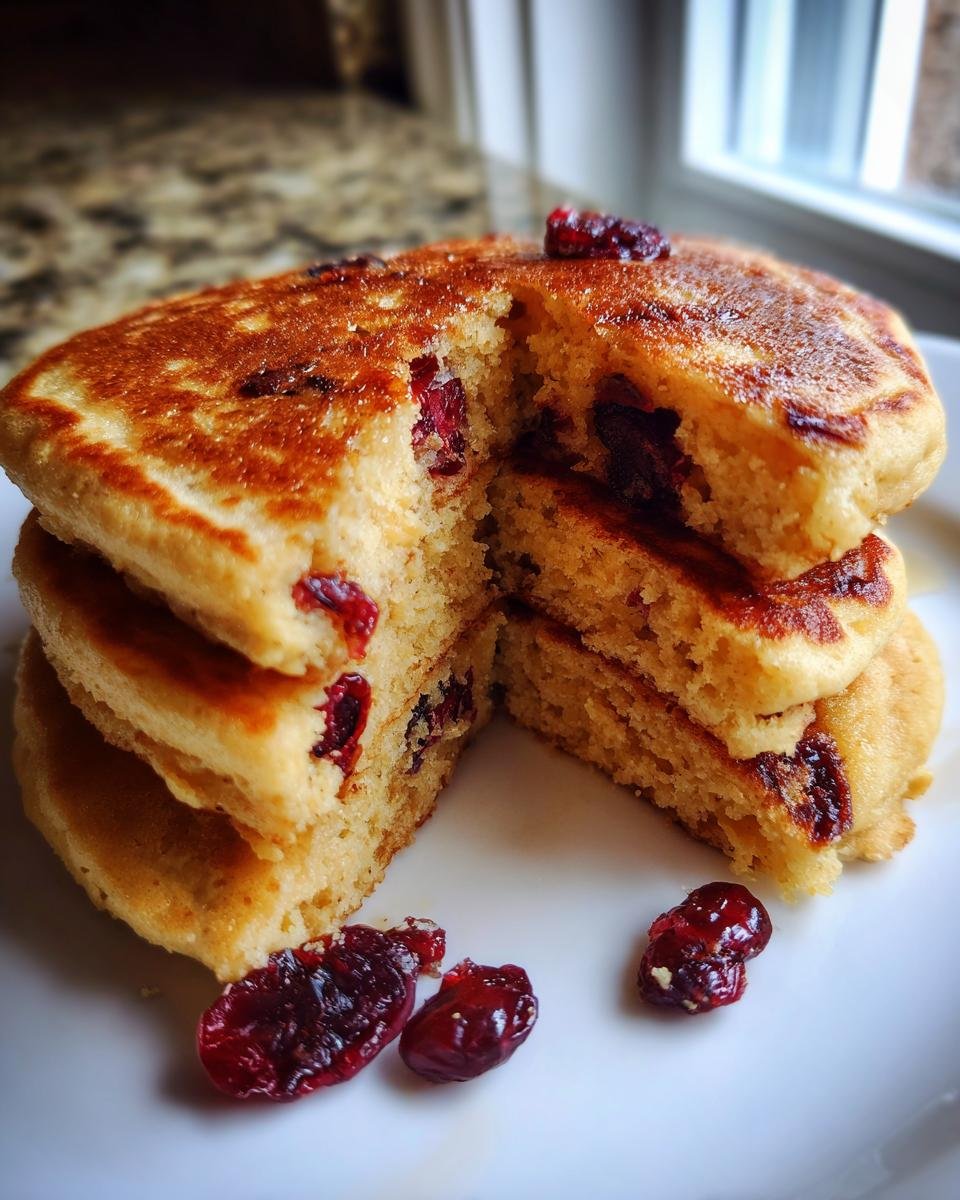Close-up of a stack of fluffy vegan quinoa pancakes cranberry, cut open to show the texture and dried fruit inside.