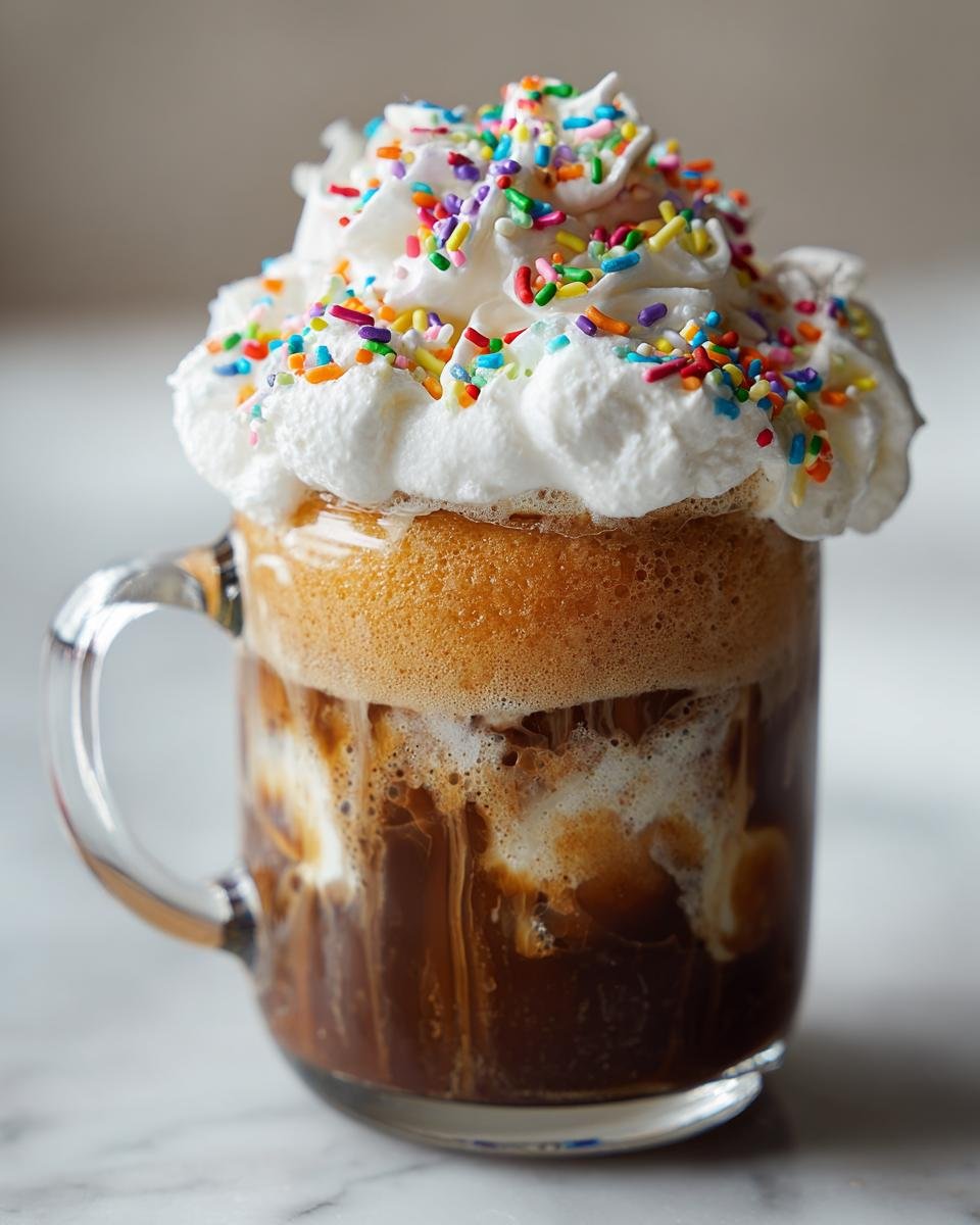 A glass mug filled with a Frosted Sugar Cookie Latte topped with whipped cream and colorful sprinkles.
