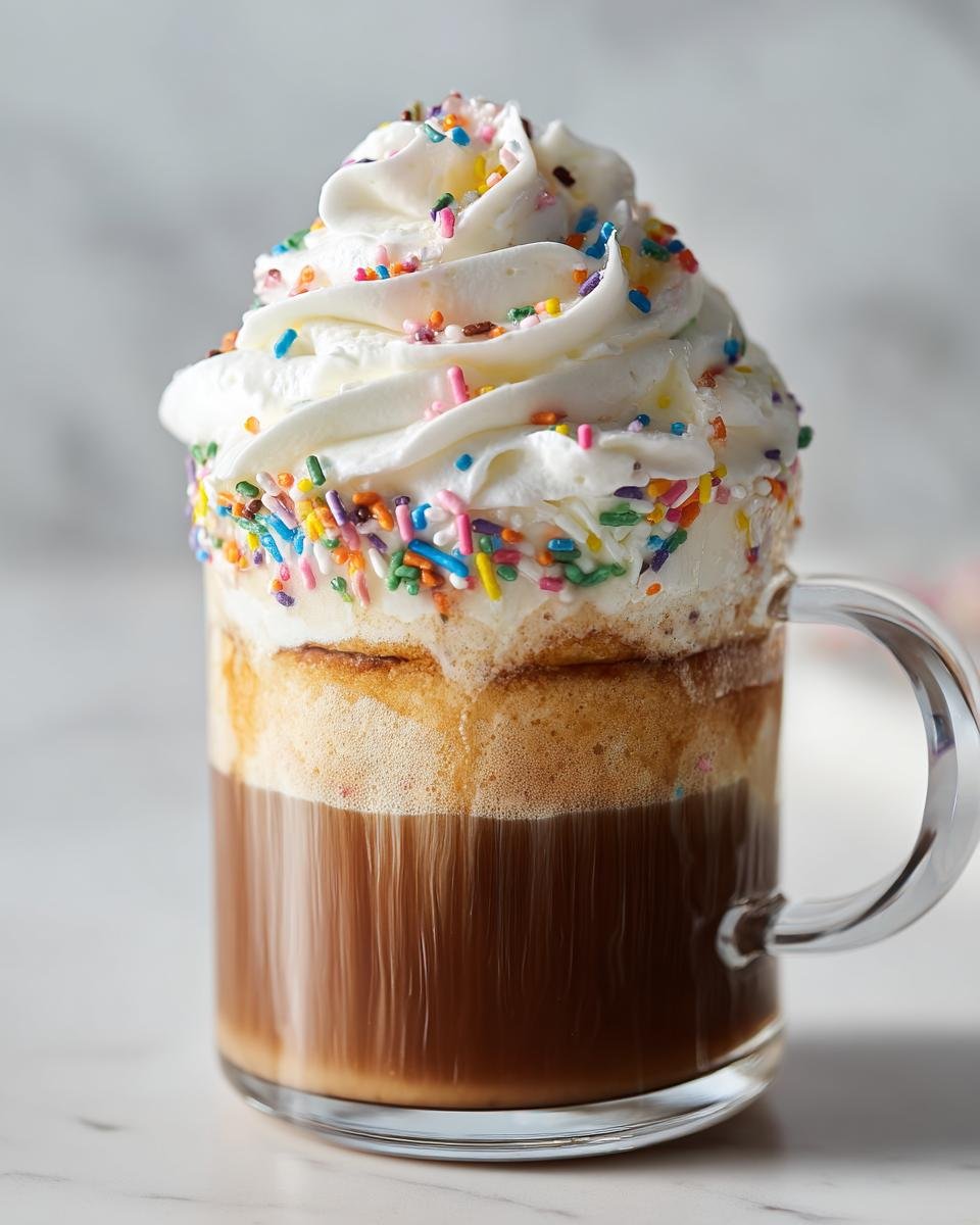 A layered Frosted Sugar Cookie Latte topped with whipped cream and colorful sprinkles in a clear mug.