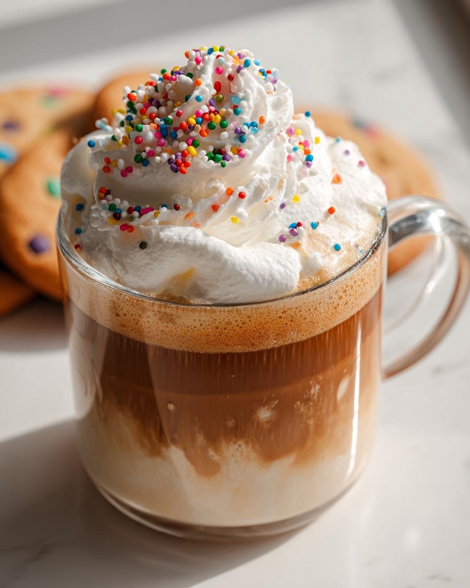 A layered Frosted Sugar Cookie Latte topped with whipped cream and colorful sprinkles, with cookies in the background.