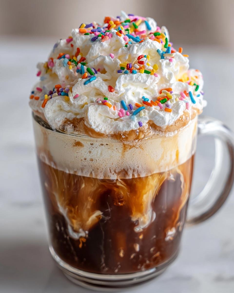 A tall glass mug filled with a Frosted Sugar Cookie Latte, topped high with whipped cream and colorful sprinkles.