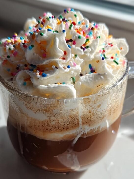 A clear glass mug filled with a Frosted Sugar Cookie Latte, topped high with whipped cream and colorful sprinkles.