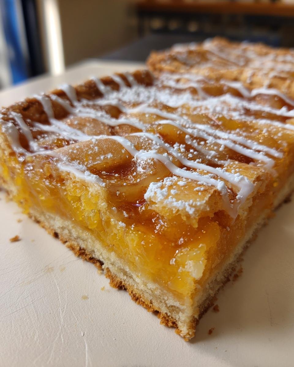 Close-up of a square slice of Giant Pop Tart Orange Filling with thick orange preserve and white icing drizzle.