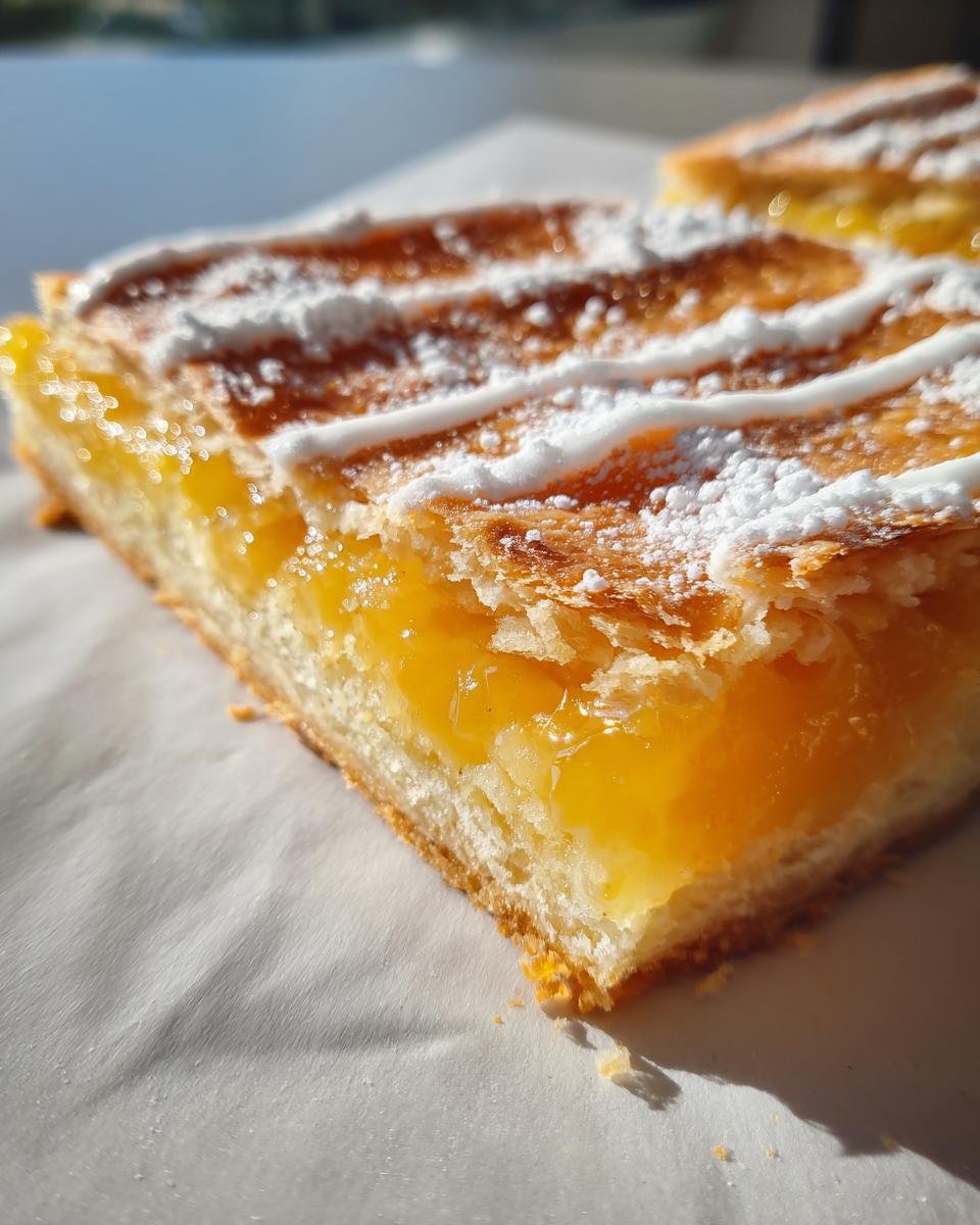 Close-up of a pastry slice featuring thick, bright Giant Pop Tart Orange Filling and a flaky crust dusted with powdered sugar.