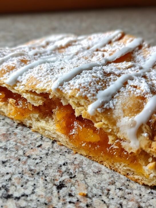 Close-up of a Giant Pop Tart Orange Filling pastry slice showing flaky crust and bright orange fruit filling.
