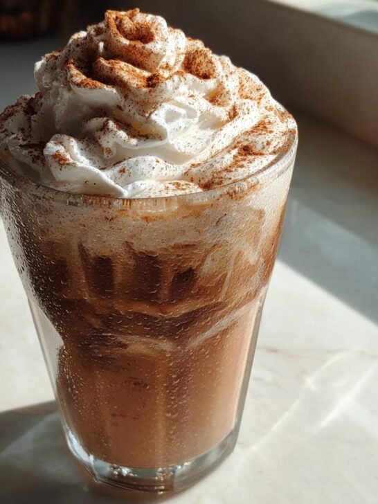 A tall, cold glass of Gingerbread Chai Tea Mocktail topped with whipped cream and cinnamon dusting.