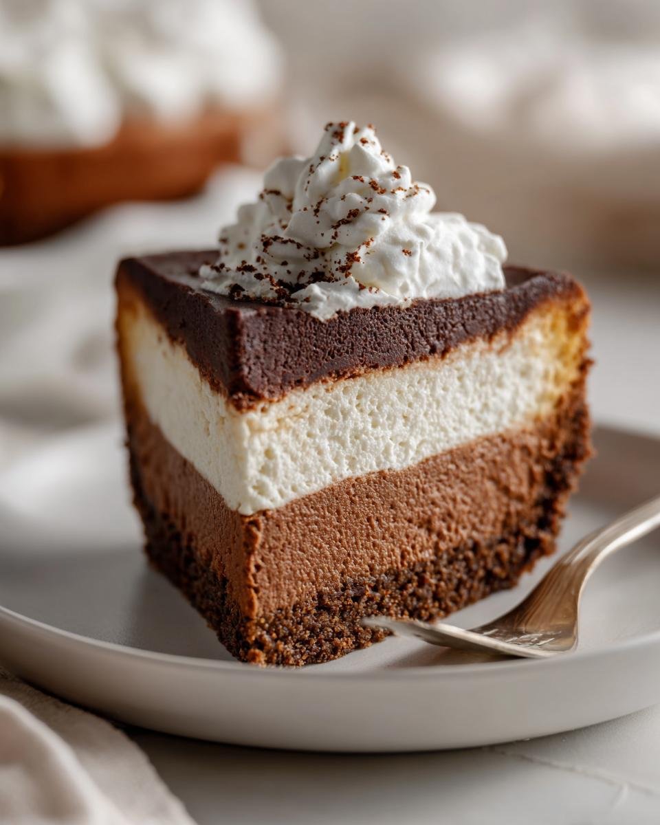 A decadent slice of Gingerbread Truffle Cheesecake featuring three distinct layers and topped with whipped cream.