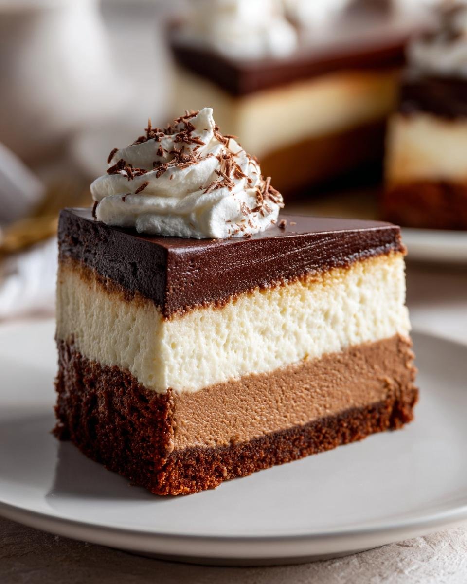 A decadent slice of Gingerbread Truffle Cheesecake showing four distinct layers topped with chocolate ganache and whipped cream.