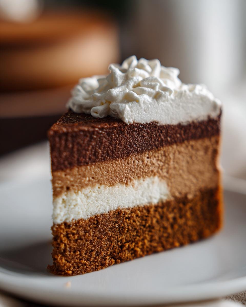 A decadent slice of Gingerbread Truffle Cheesecake showing four distinct layers and topped with whipped cream.