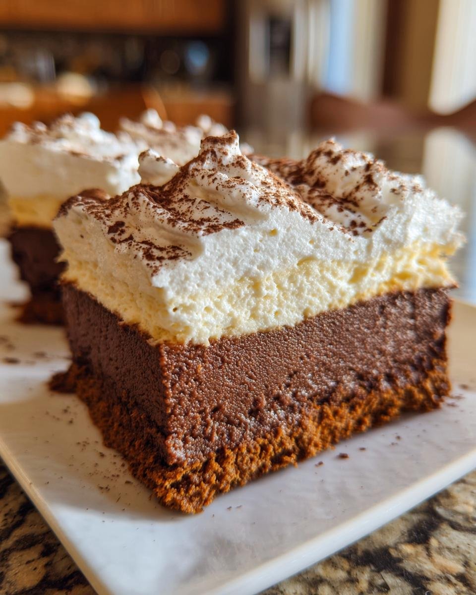 A close-up of a slice of Gingerbread Truffle Cheesecake showing distinct layers: a dark crust, a rich chocolate layer, a lighter creamy layer, and topped with whipped cream and cocoa powder.