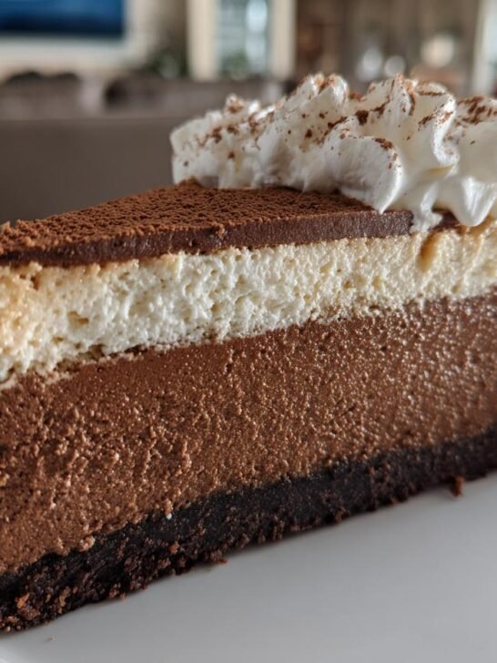 A decadent slice of Gingerbread Truffle Cheesecake showing three distinct layers, topped with whipped cream and cocoa powder.