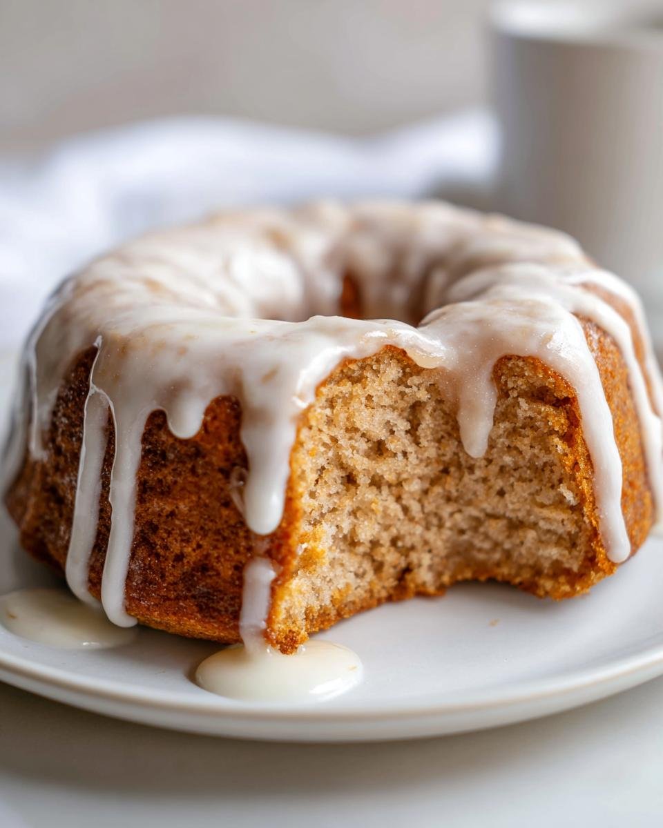 Close-up of a single, glazed Baked Vegan Apple Cider Donuts shaped like a small bundt cake with a bite missing.