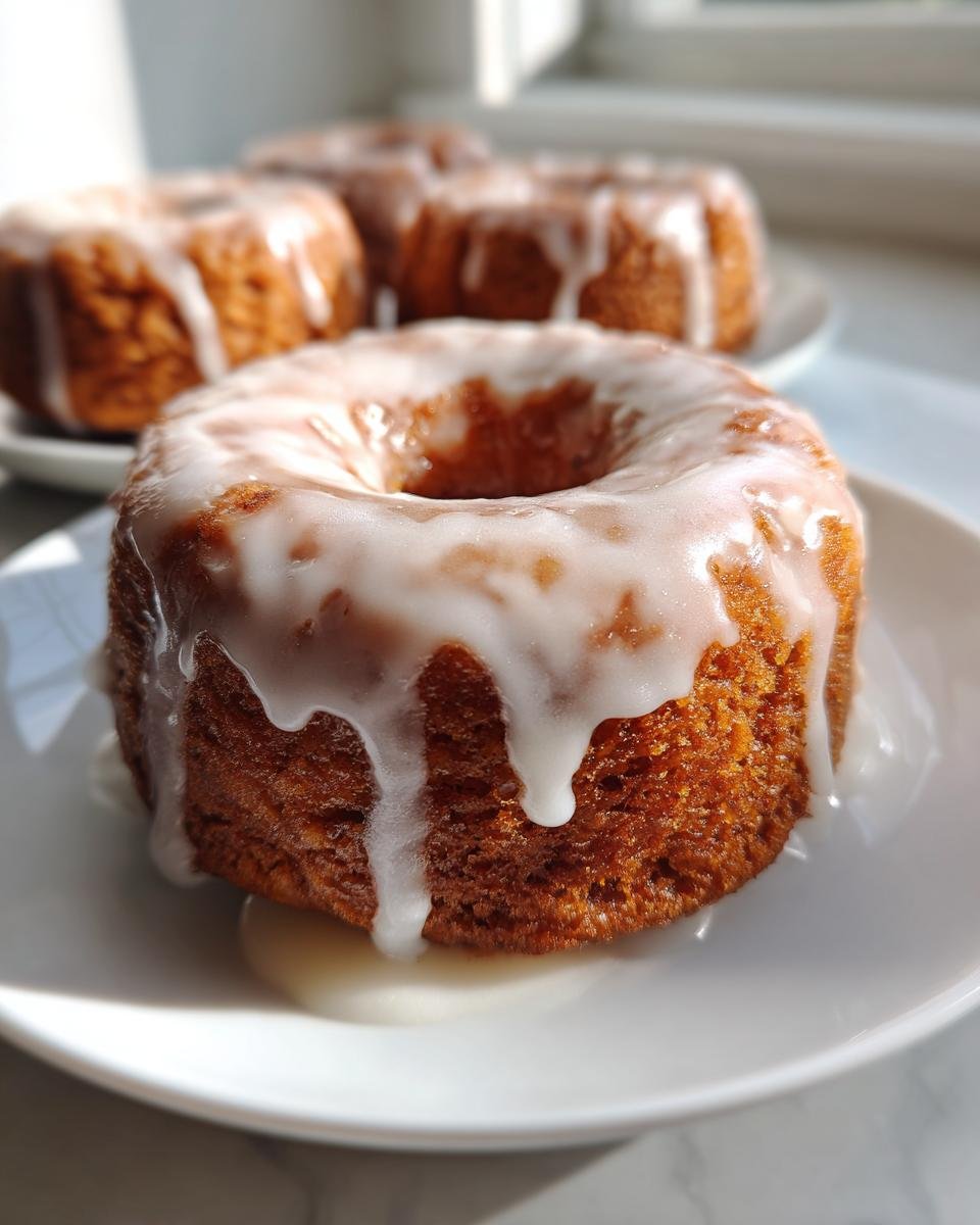 Close-up of a single Baked Vegan Apple Cider Donut with thick white glaze dripping down the sides.