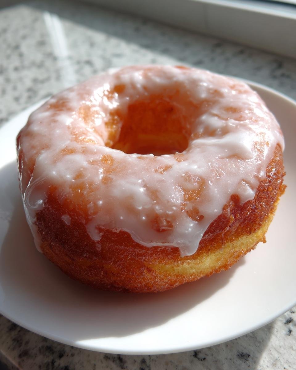 A close-up of one perfectly baked Homemade Baked Eggnog Donut, topped with a thick, dripping white glaze.