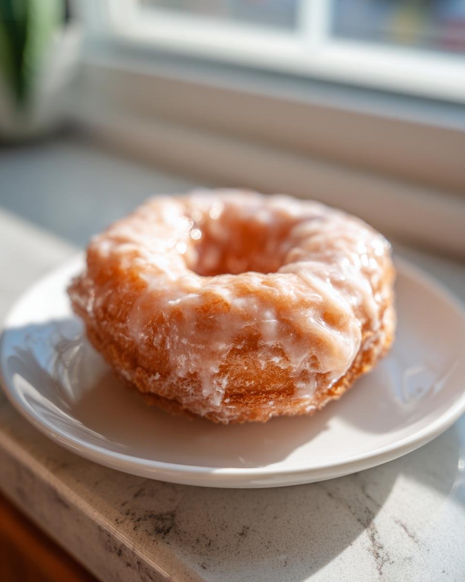 A single, golden-brown Homemade Baked Eggnog Donut covered in a thick white glaze, resting on a small white plate.
