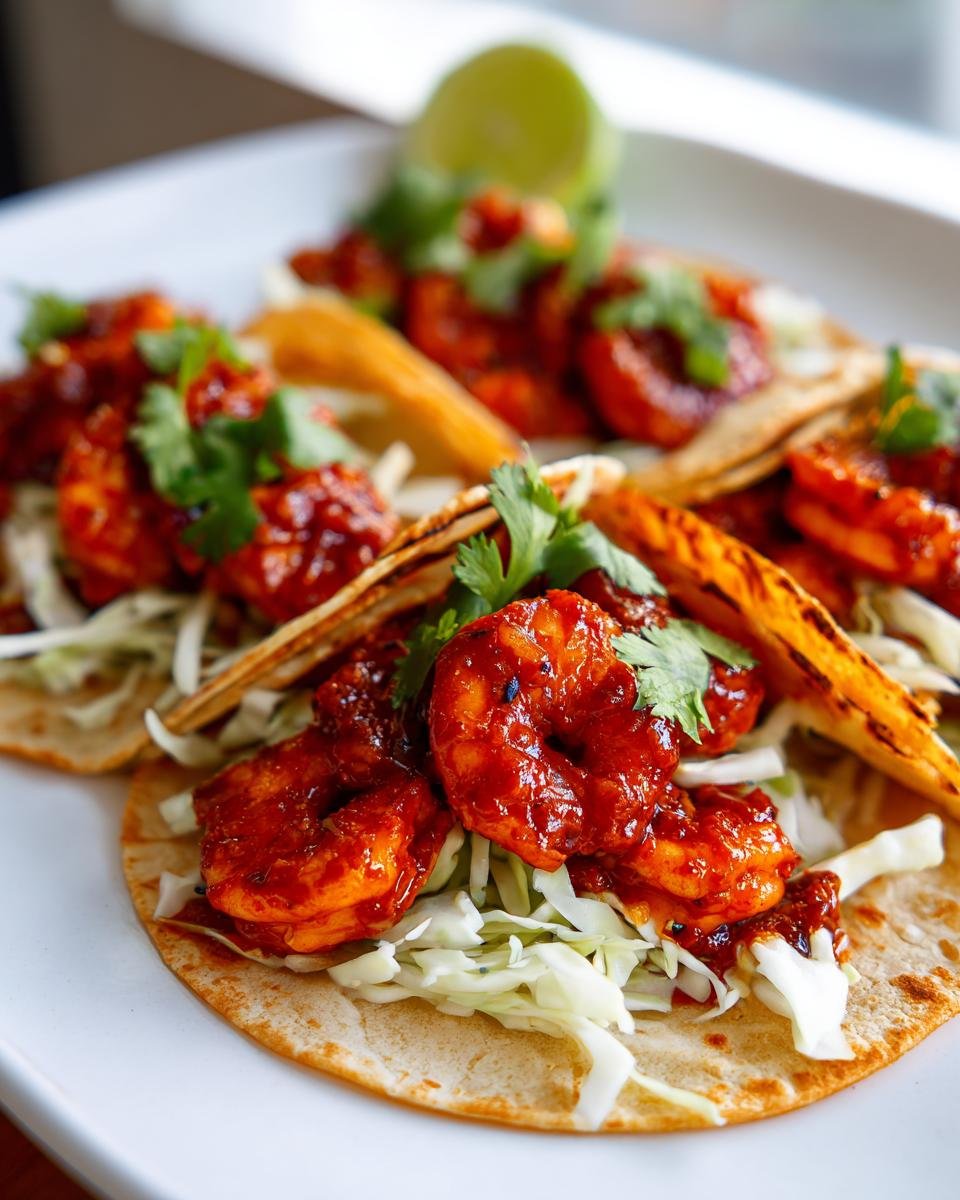 Close-up of three Gochujang Shrimp Tacos filled with spicy shrimp, shredded cabbage, and cilantro, garnished with a lime wedge.