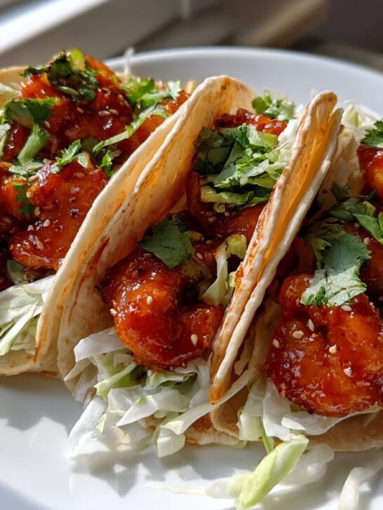 Three soft shell Gochujang Shrimp Tacos filled with shredded lettuce and topped with fresh cilantro.