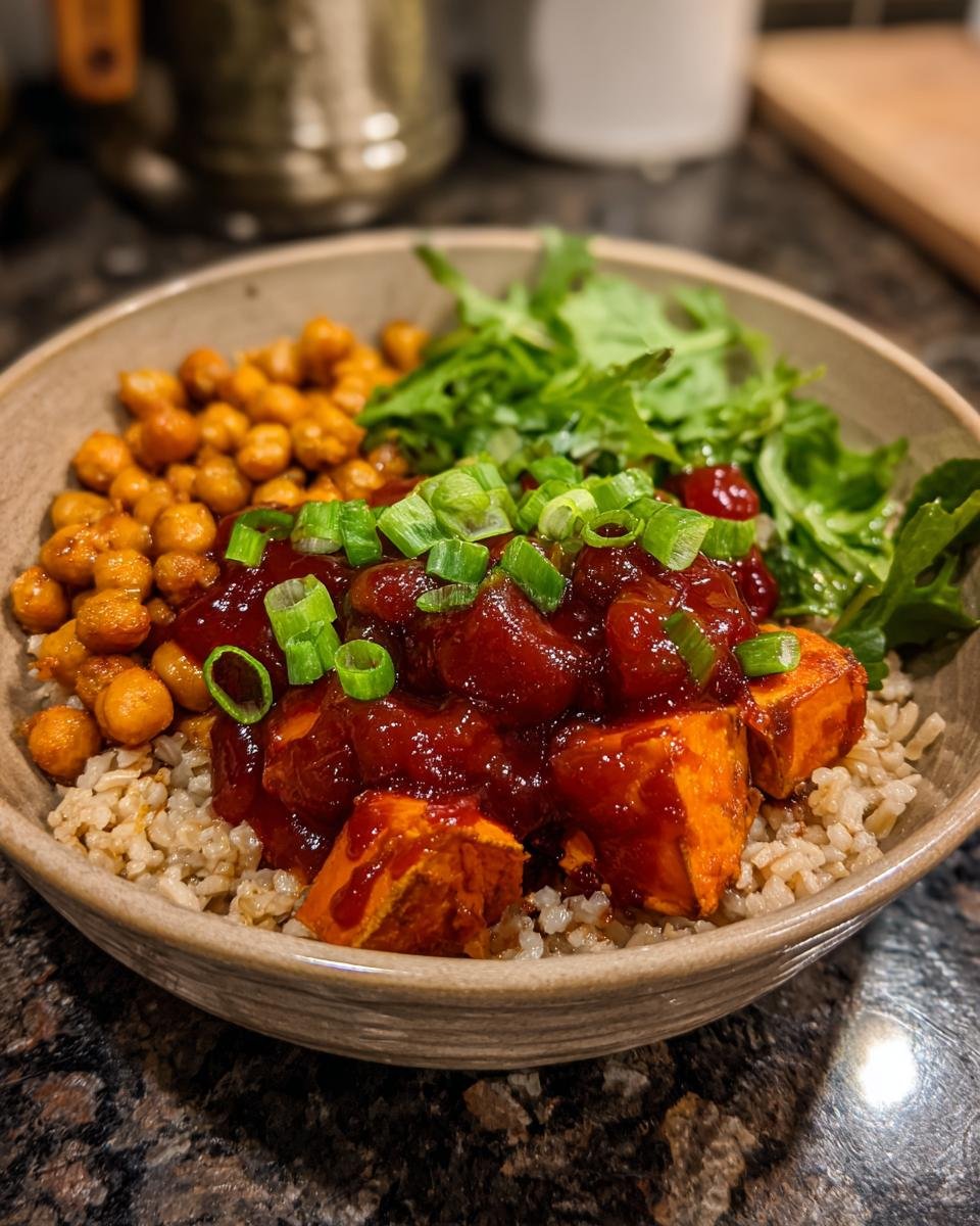 A close-up of a Gochujang Sweet Potato Chickpea Bowl served over brown rice with greens and scallions.