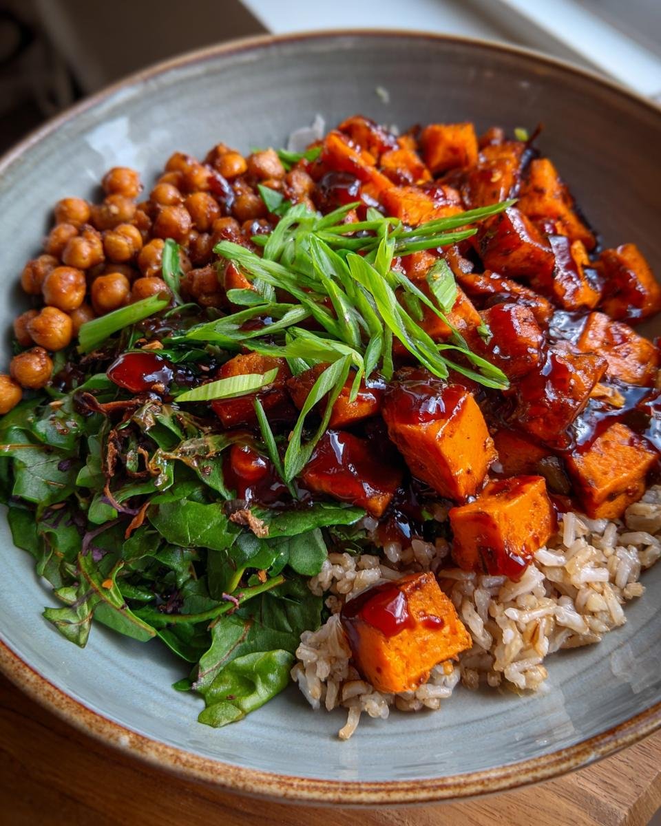 Close-up of a Gochujang Sweet Potato Chickpea Bowl featuring glazed sweet potatoes, chickpeas, greens, and brown rice.