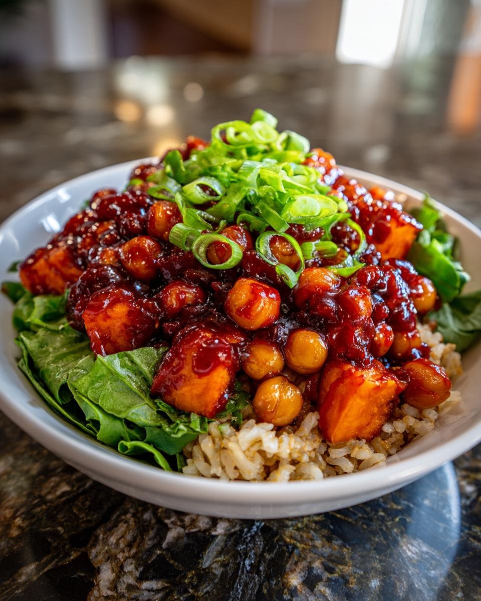 Close-up of a Gochujang Sweet Potato Chickpea Bowl featuring glazed sweet potatoes, chickpeas, brown rice, and green onions.