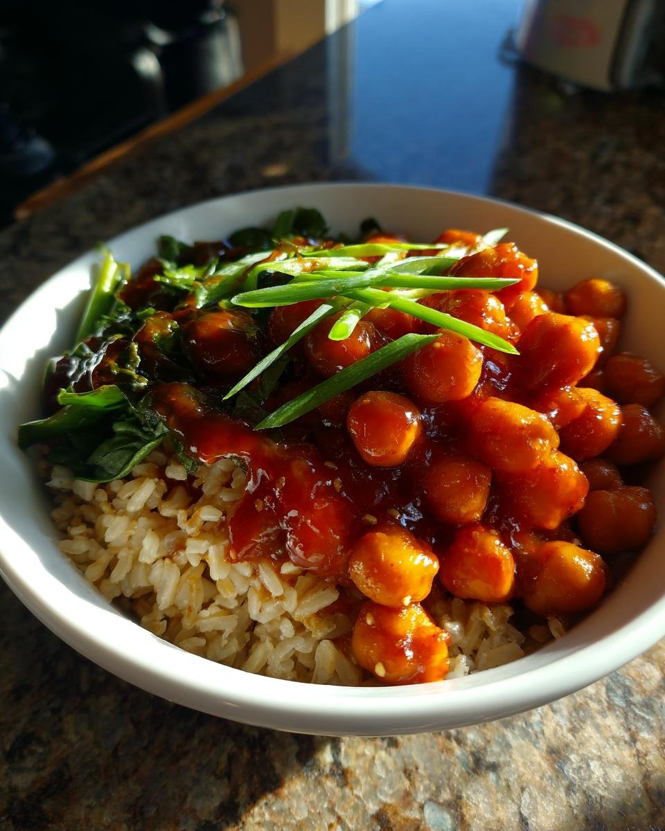 A white bowl filled with brown rice, topped with saucy chickpeas and greens, ready for the Gochujang Sweet Potato Chickpea Bowl.