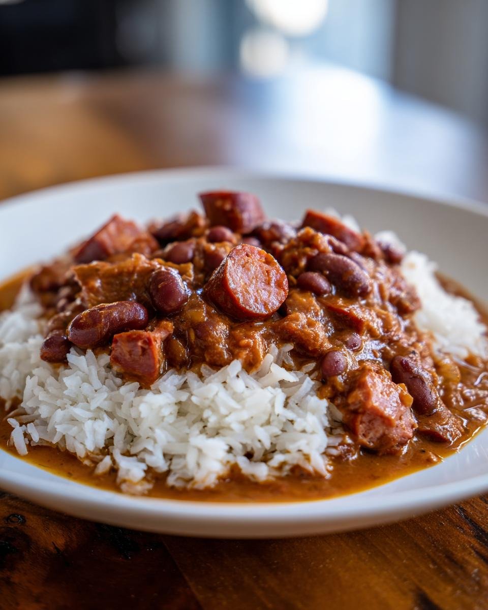 A close-up of a white bowl filled with fluffy white rice topped generously with rich Good Ole Cajun Red Beans Rice and sliced smoked sausage.