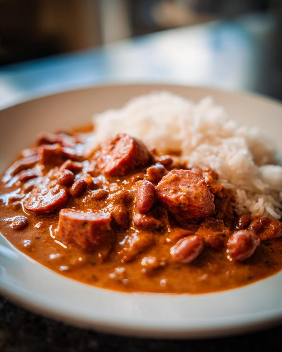 Close-up of a bowl of rich, savory Good Ole Cajun Red Beans Rice topped with thick slices of smoked sausage and white rice.