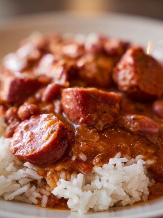 Close-up of Good Ole Cajun Red Beans Rice served over white rice, topped with thick slices of smoked sausage.