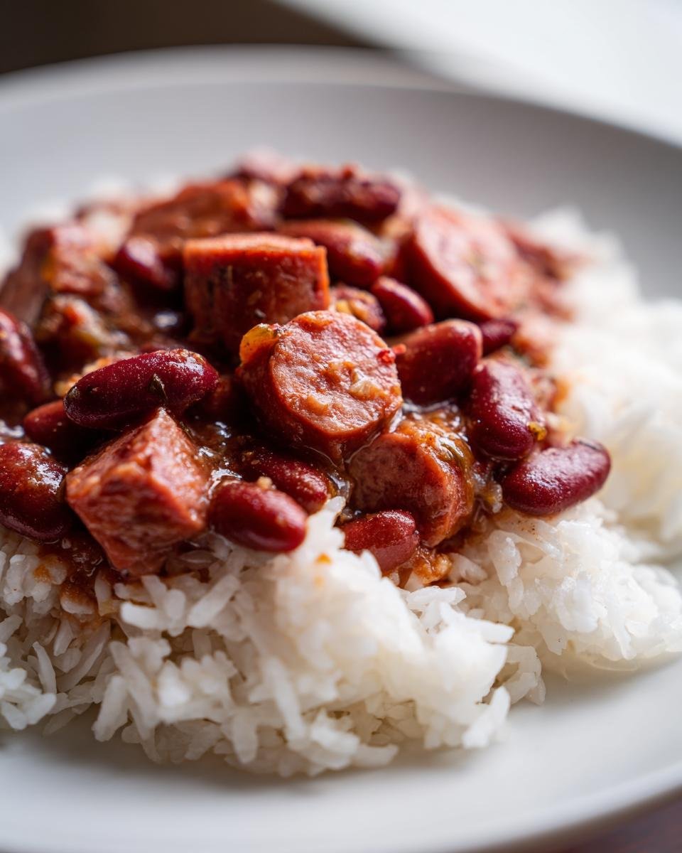 Close-up of Good Ole Cajun Red Beans Rice served over white rice, topped with slices of smoked sausage.