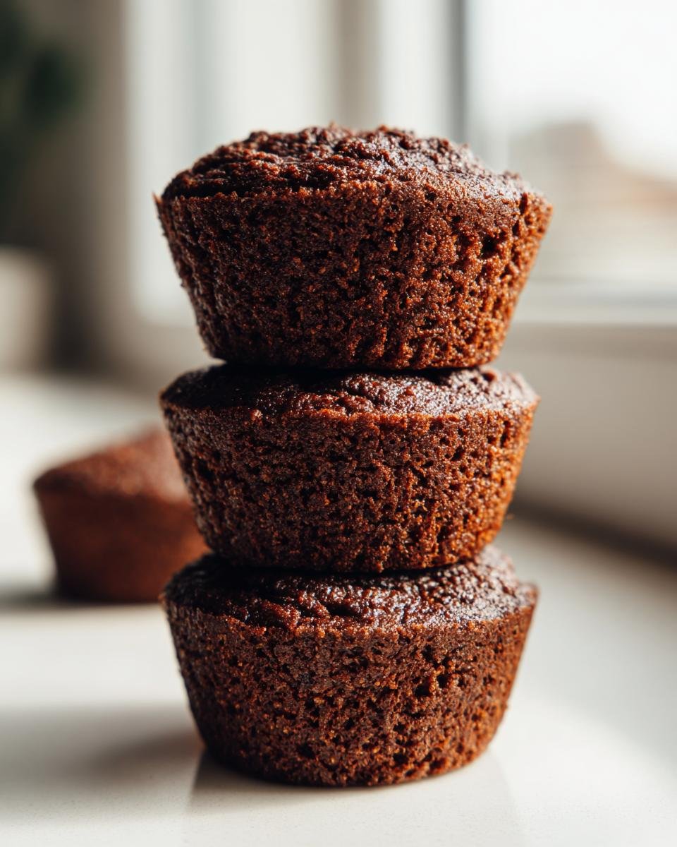 A stack of three dark brown Healthy Vegan Gingerbread Quinoa Muffins sitting on a light surface near a window.