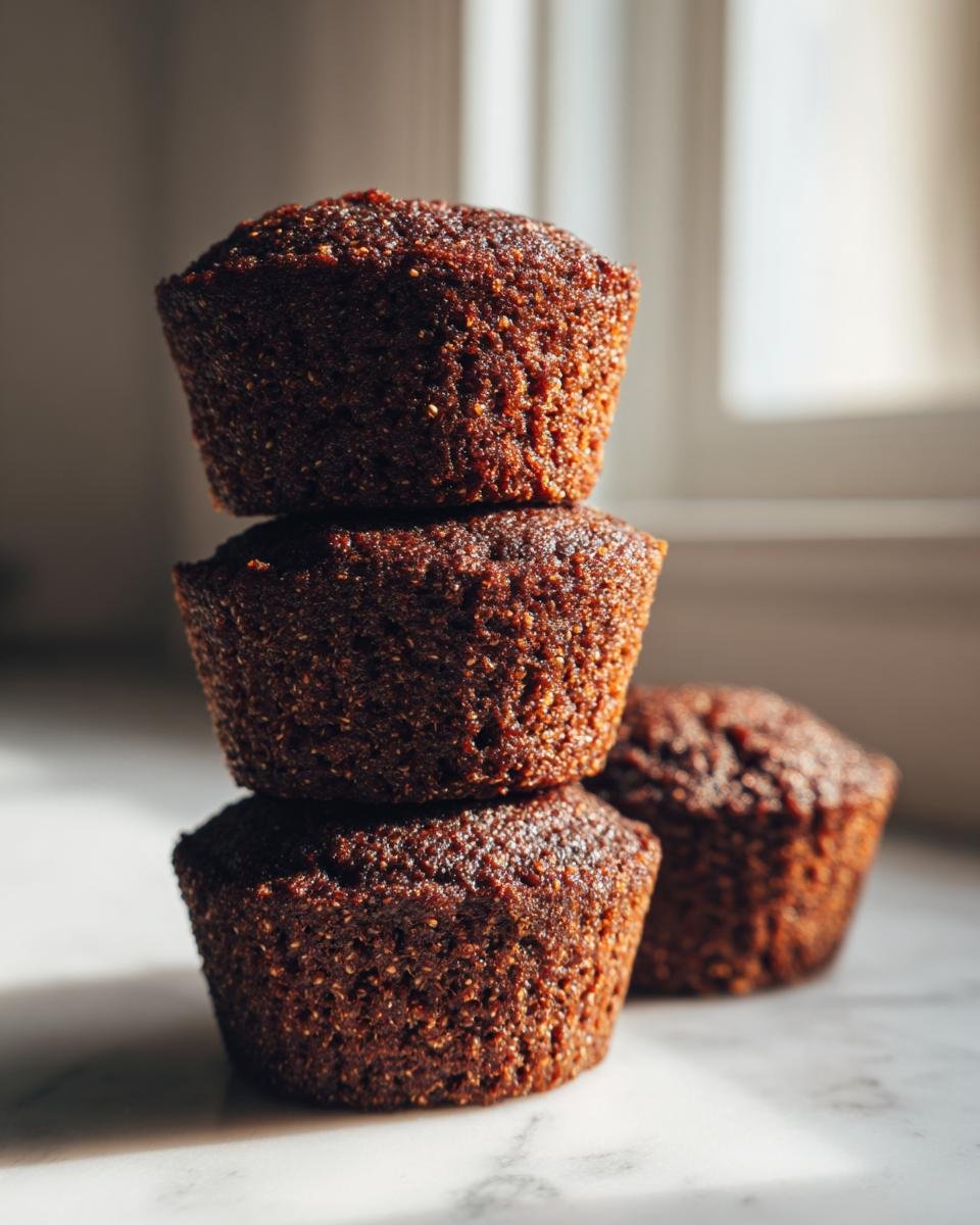 Three dark, richly textured Healthy Vegan Gingerbread Quinoa Muffins stacked vertically on a white marble surface.