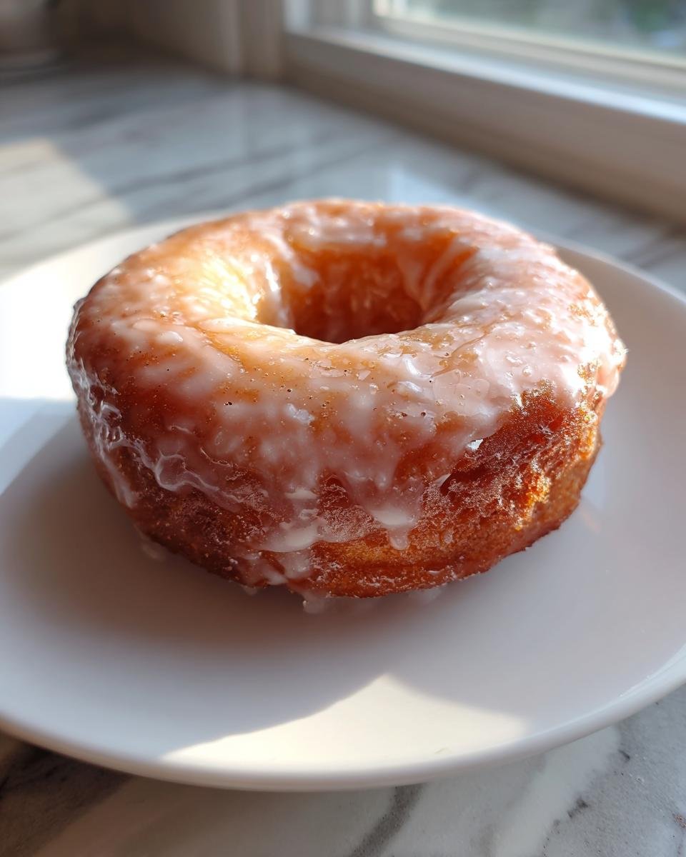 A single, golden-brown Homemade Baked Eggnog Donut covered in a thick, white glaze, resting on a white plate.