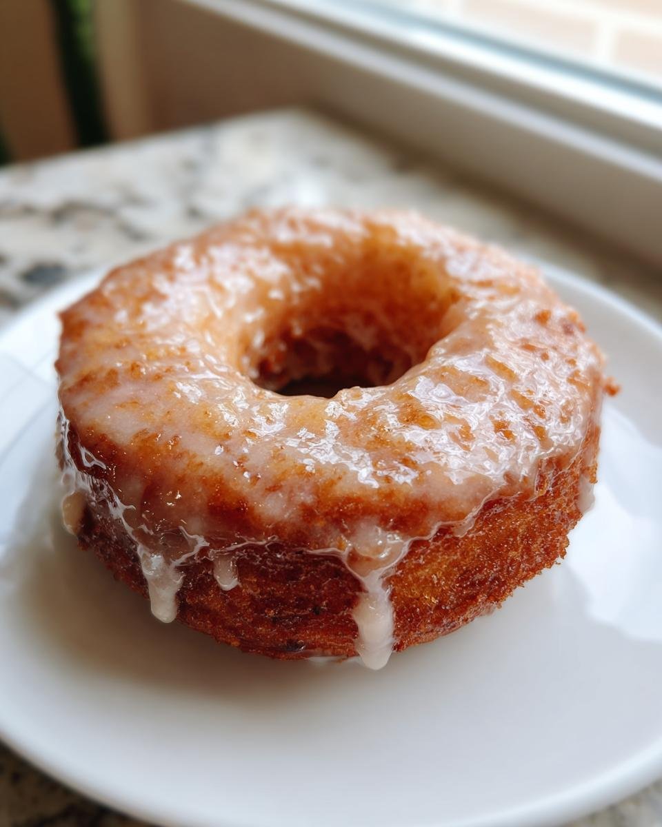 A close-up of a single, golden brown Homemade Baked Eggnog Donut covered in a thick, dripping vanilla glaze.