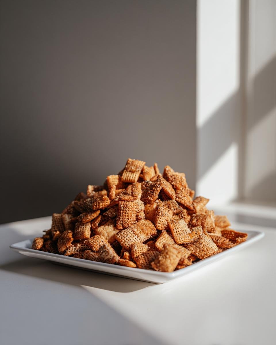 A large pile of Homemade Everything Bagel Chex Mix seasoned cereal squares stacked high on a white serving platter.