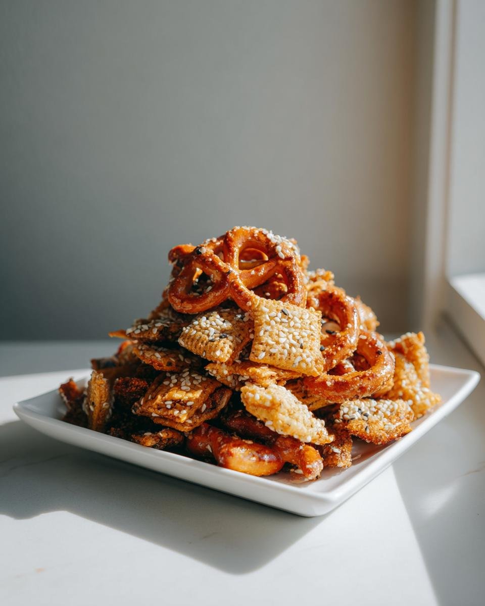 A close-up of a mound of Homemade Everything Bagel Chex Mix, featuring pretzels and crackers coated in sesame seeds, served on a white dish.
