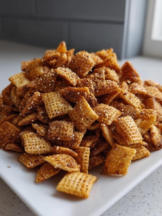 A generous pile of Homemade Everything Bagel Chex Mix seasoned with spices and sesame seeds on a white rectangular plate.