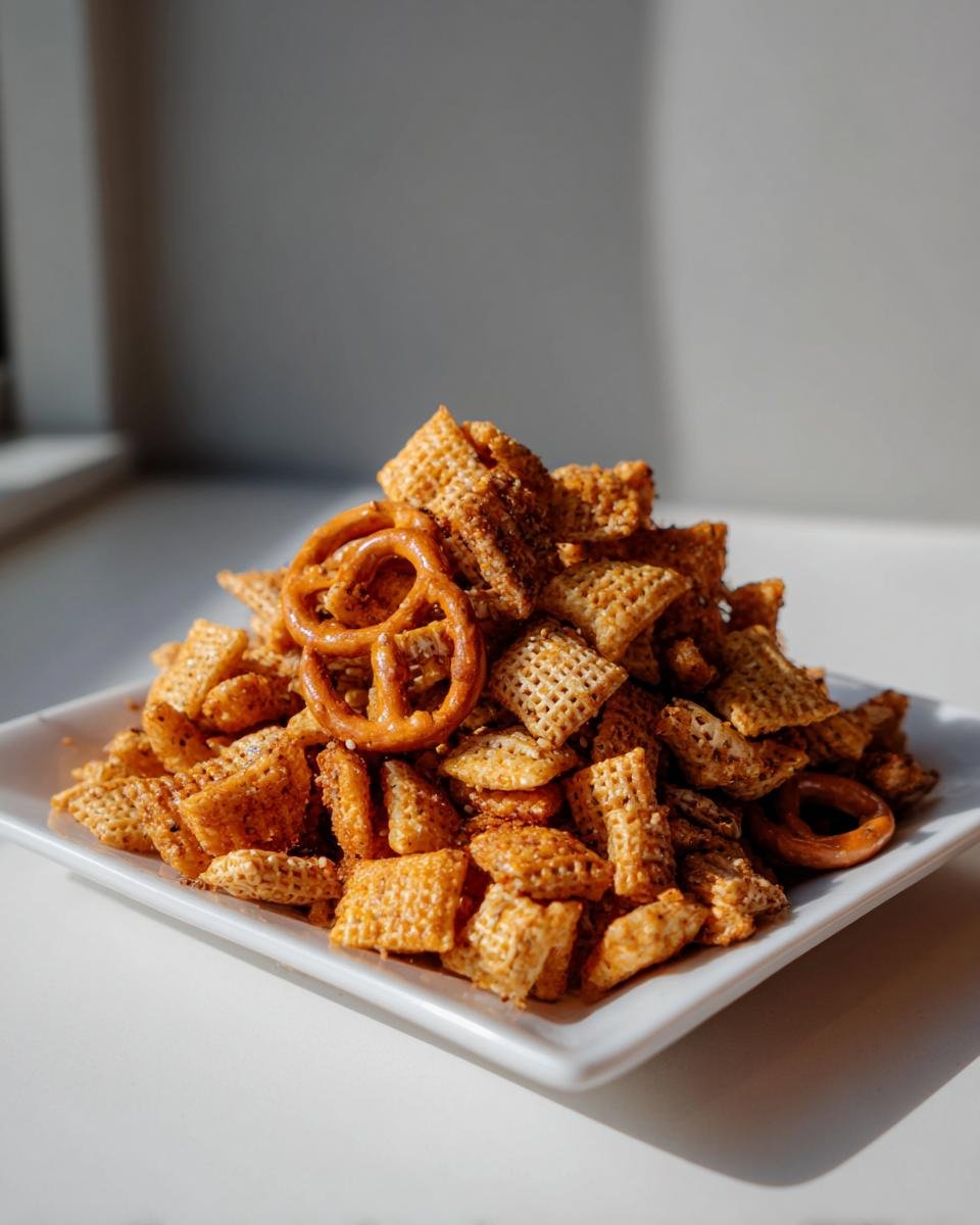 A close-up of Homemade Everything Bagel Chex Mix piled high on a white square plate, featuring cereal pieces and pretzels.