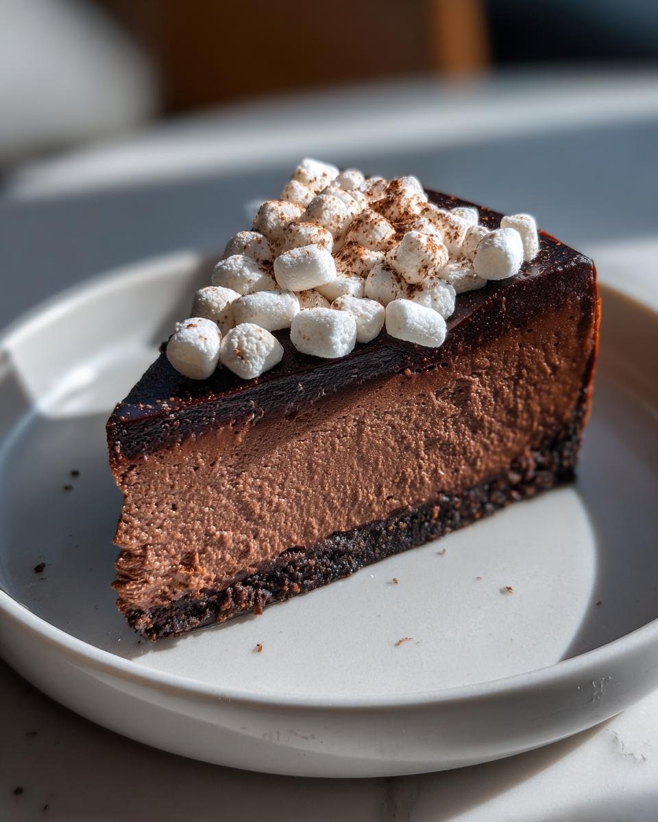 A decadent slice of Hot Cocoa Cheesecake with a chocolate crust, topped with a dark chocolate ganache and mini marshmallows.