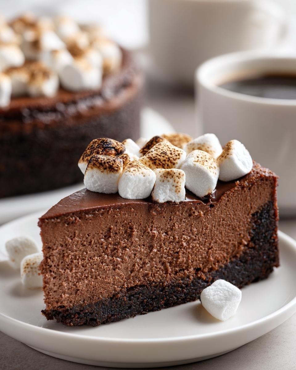 A rich slice of Hot Cocoa Cheesecake topped with toasted marshmallows on a white plate.