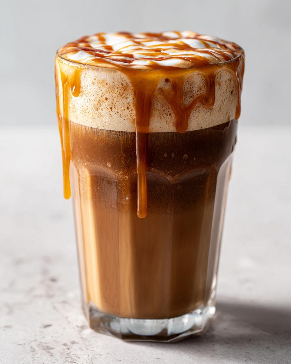 Close-up of a layered Hot Honey Caramel Latte topped with foam and dripping caramel sauce.