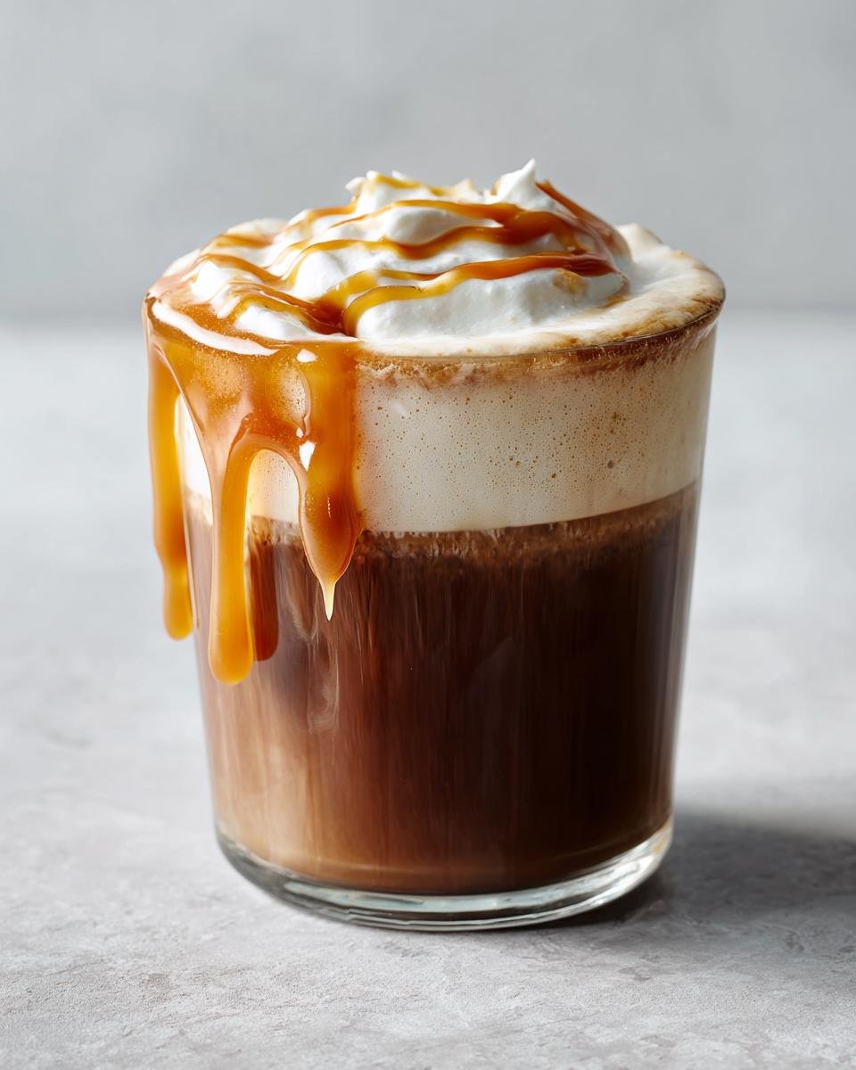 A glass of rich Hot Honey Caramel Latte topped with thick foam, whipped cream, and dripping caramel sauce.