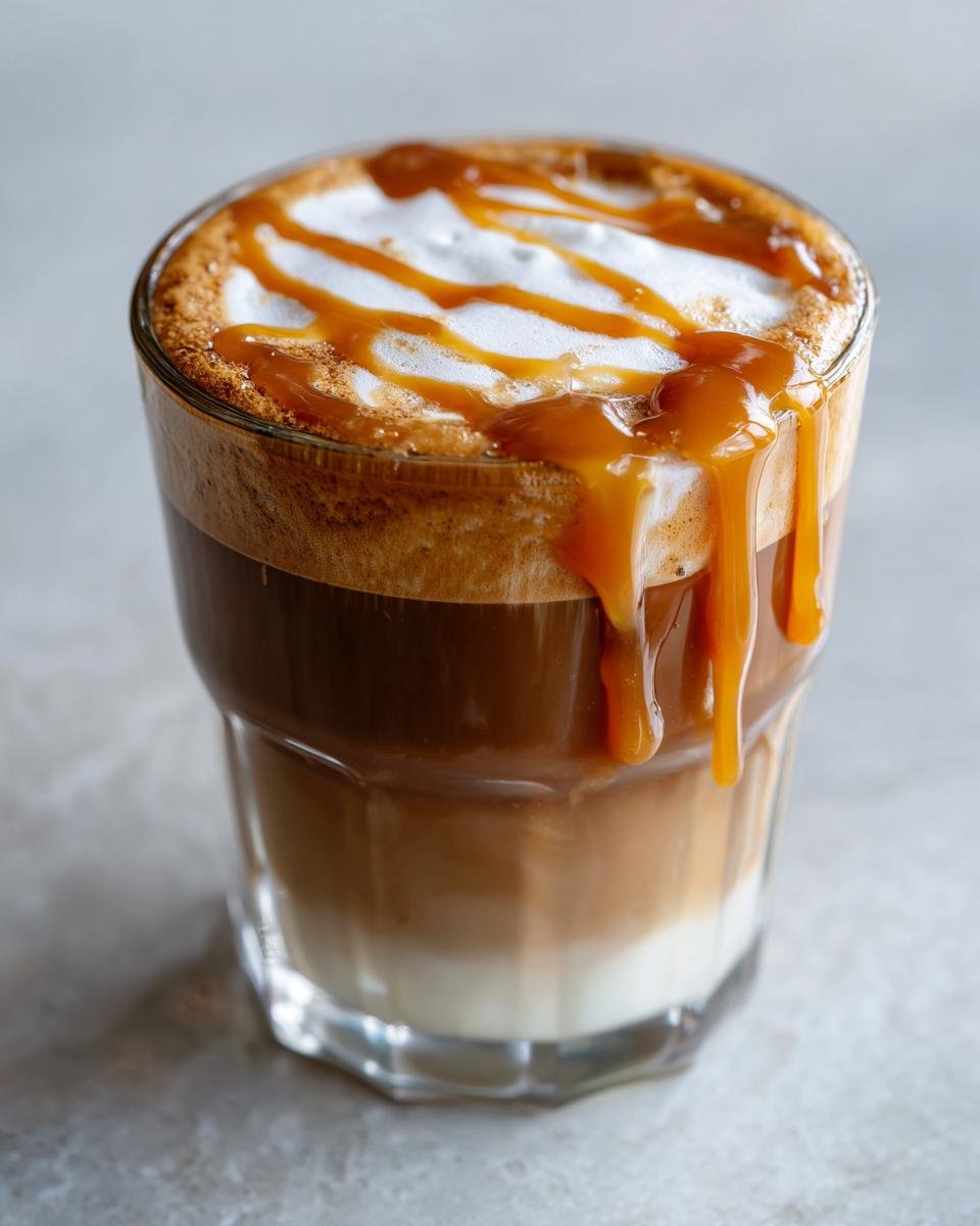 Close-up of a layered Hot Honey Caramel Latte topped with foam and dripping caramel sauce.