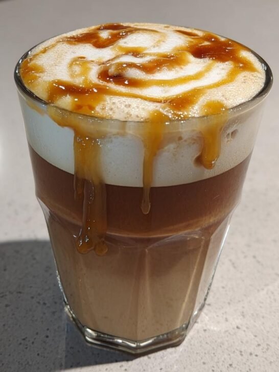A layered Hot Honey Caramel Latte topped with foam and drizzled with caramel sauce.