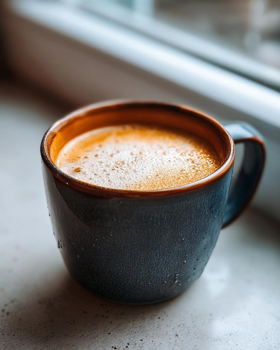 Close-up of a foamy Hot Maple Butter Latte in a textured blue mug resting by a window.