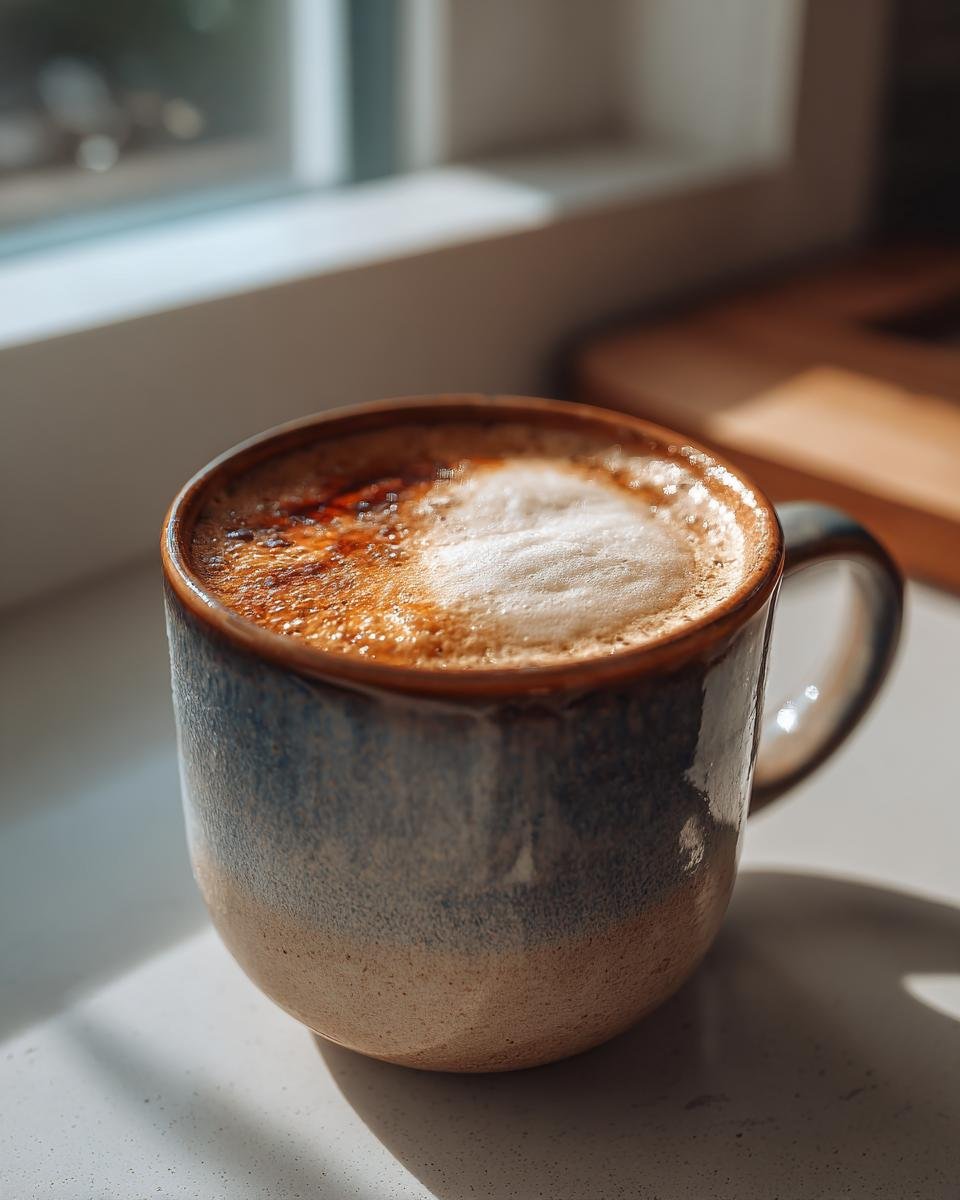 Close-up of a rich Hot Maple Butter Latte with foamy top in a rustic blue and tan ceramic mug.