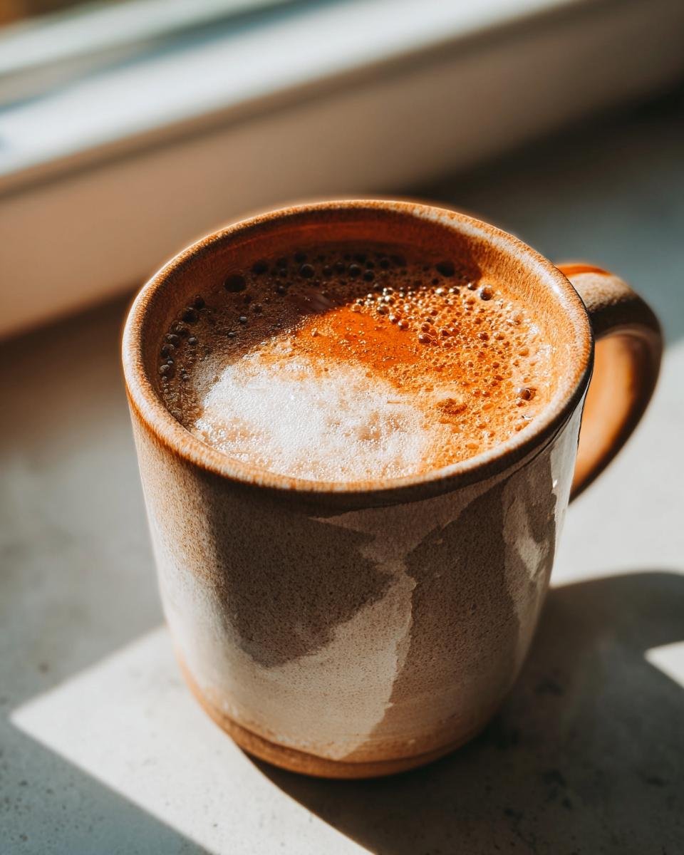 Close-up of a Hot Maple Butter Latte with rich foam sitting in a speckled ceramic mug by a window.