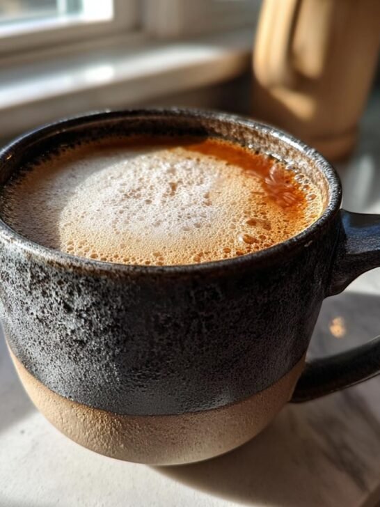 Close-up of a Hot Maple Butter Latte with light foam in a dark, two-toned rustic mug.