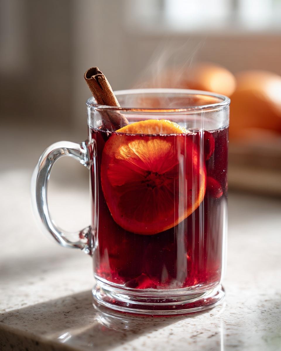 Steaming mug of Hot Spiced Cranberry Apple Punch garnished with an orange slice and cinnamon stick.